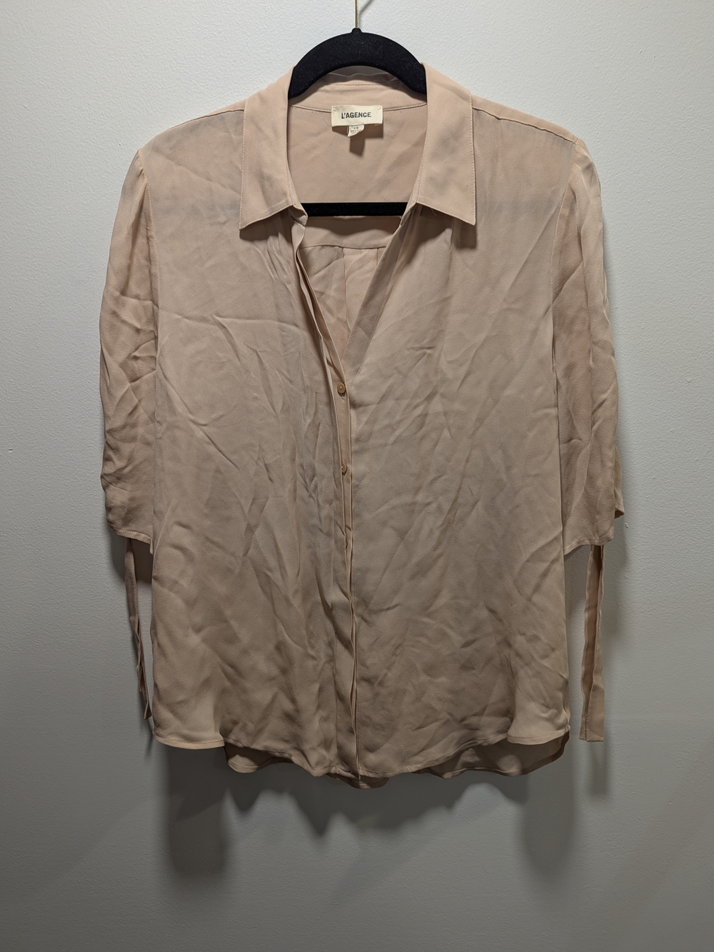 L'AGENCE Women's Champagne Silk Button-Up Shirt Short Sleeve Ties Large Luxury